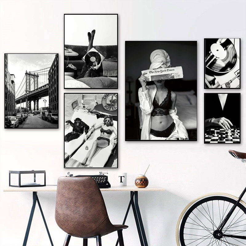 Vintage Fashion Prints For Wall - Zwart-wit vintage muurkunst canvas schilderij mode